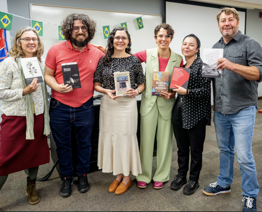 Faculty and Graduate Students at the 2025 ROML Book Launch with their publications. Pictured, from left: Olga Amigo, Fabio Mariano, Cecília Rodrigues, Sharina Maíllo-Pozo, Diana Trinidade Drummond, Mark Anderson.